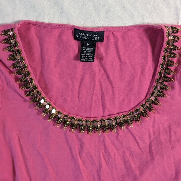 JONES NEW YORK SIGNATURE WOMEN'S PULL OVER PINK SHIRT SIZE MEDIUM NECK BLING TOP - Picture 3 of 16